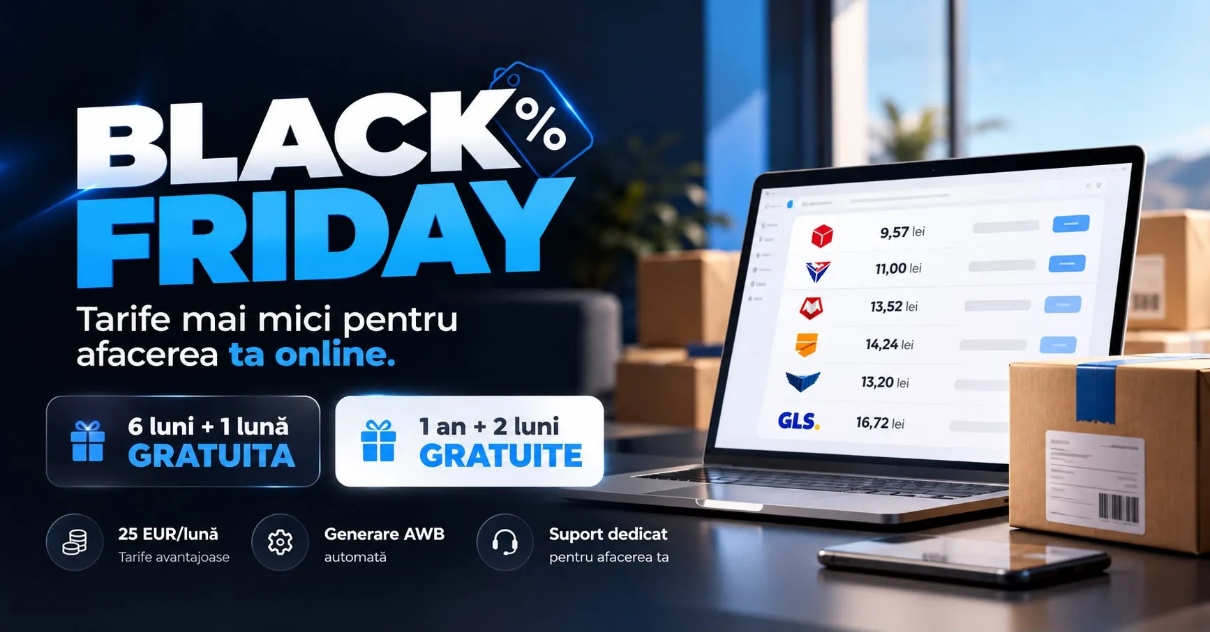 Black Friday la E-packet Business: tarife mai mici pentru afacerea ta online. 6 luni plus o lună gratuită, sau un an plus două luni gratuite. 25 EUR pe lună, generare AWB automată, suport dedicat.