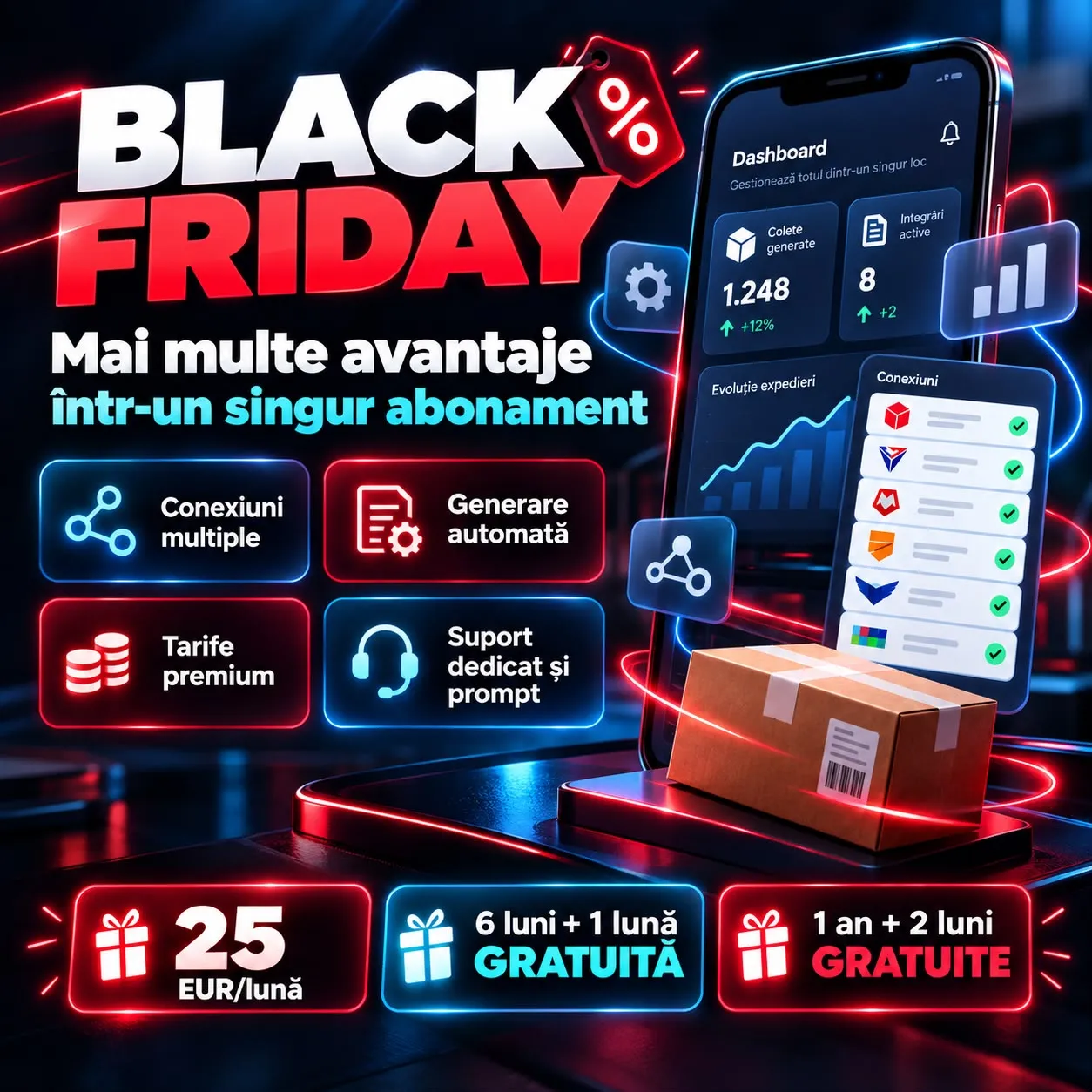 Black Friday: mai multe avantaje într-un singur abonament. Conexiuni multiple, generare automată, tarife premium, suport dedicat și prompt. 25 EUR pe lună, 6 luni plus o lună gratuită, un an plus două luni gratuite.