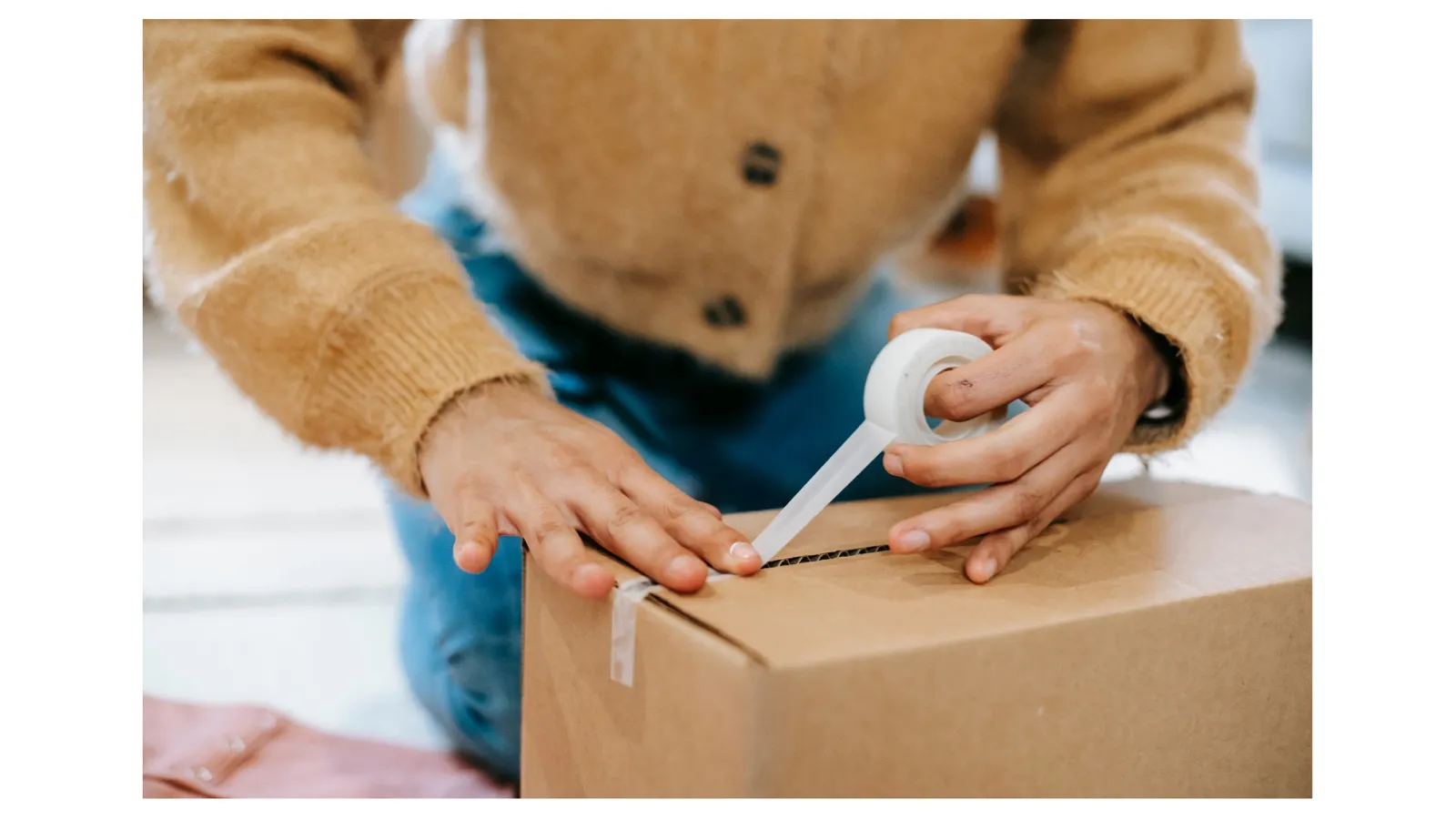 O persoană sigilează cu bandă adezivă o cutie de carton